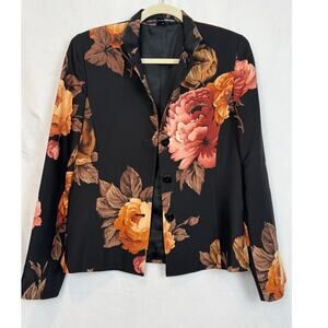 Linda Allard Ellen Tracy Silk Wool Blazer Size 6 Black Floral Peony, Vintage